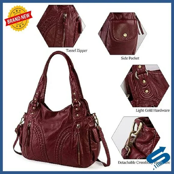 Large Soft Leather Hobo Bag with Crossbody Strap, Multiple Pockets